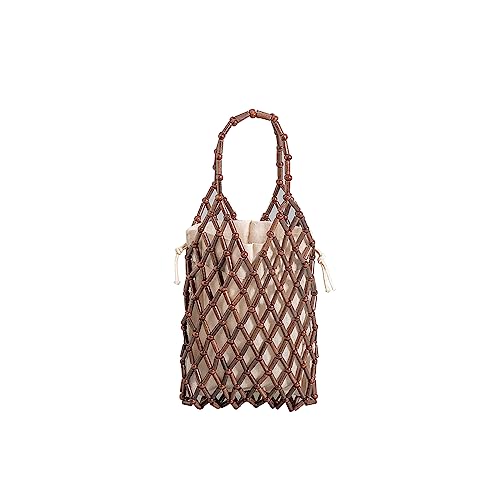 CORIOS Damen Gewebte Handtasche Böhmische Tote Beutel Retro Eimer Taschen Sommer Strand Tasche Gestrickte Tasche Holz Perlen Henkeltaschen Openwork Tragetasche für Reise Urlaub Strand Kaffee von CORIOS