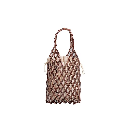 CORIOS Damen Gewebte Handtasche Böhmische Tote Beutel Retro Eimer Taschen Sommer Strand Tasche Gestrickte Tasche Holz Perlen Henkeltaschen Openwork Tragetasche für Reise Urlaub Strand Kaffee von CORIOS