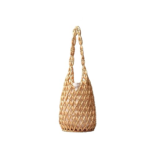 CORIOS Damen Gewebte Handtasche Holz Perlen Henkeltaschen Openwork Tragetasche Retro Eimer Taschen Böhmische Tote Beutel Sommer Strand Tasche Gestrickte Tasche für Reise Urlaub Strand Gelb von CORIOS