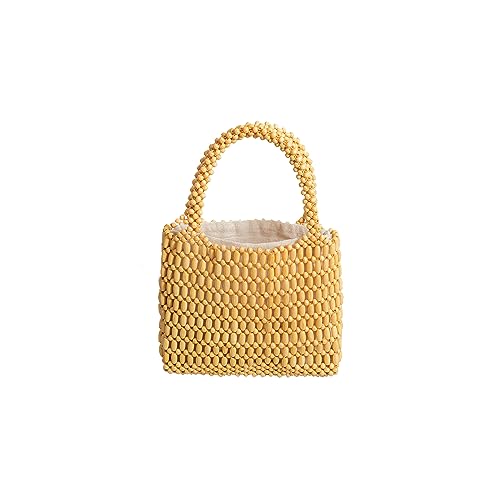 CORIOS Damen Gewebte Handtasche Openwork Tragetasche Holz Perlen Henkeltaschen Böhmische Tote Beutel Retro Eimer Taschen Sommer Strand Tasche Reise Urlaub Strand Gestrickte Tasche Gelb von CORIOS