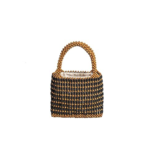 CORIOS Damen Gewebte Handtasche Openwork Tragetasche Holz Perlen Henkeltaschen Böhmische Tote Beutel Retro Eimer Taschen Sommer Strand Tasche Reise Urlaub Strand Gestrickte Tasche Kaffee von CORIOS