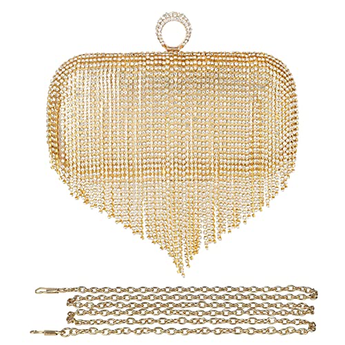 CORIOS Damen Glitzer Clutch Strass Fransen Abendtasche Strass Fransen Abendtasche Braut Handtasche Abnehmbarer Kette Umhängetasche Schultertasche für Hochzeit Abendparty Tanzparty Gold von CORIOS