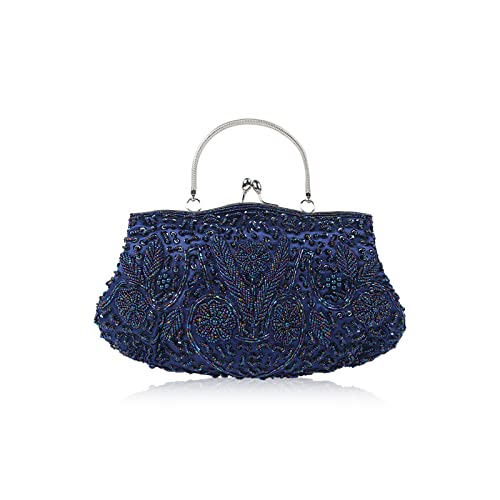 CORIOS Damen Handgemachte Perle Handtasche Floral Abendtasche Vintage Clutch Tasche Elegante Schultertasche Klein Tasche Kette Umhängetasche Hochzeit Bankett-Party Abschlussball Tasche Blau von CORIOS