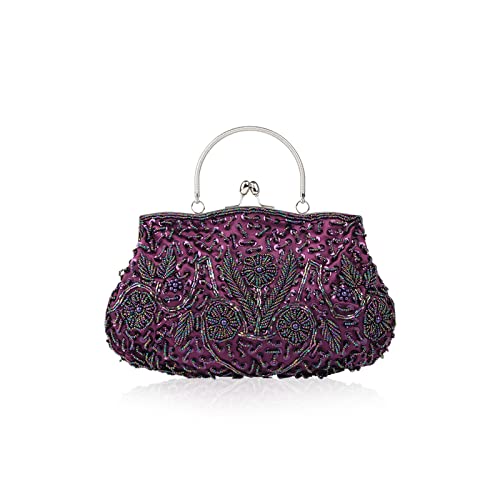 CORIOS Damen Handgemachte Perle Handtasche Floral Abendtasche Vintage Clutch Tasche Elegante Schultertasche Klein Tasche Kette Umhängetasche Hochzeit Bankett-Party Abschlussball Tasche Lila von CORIOS