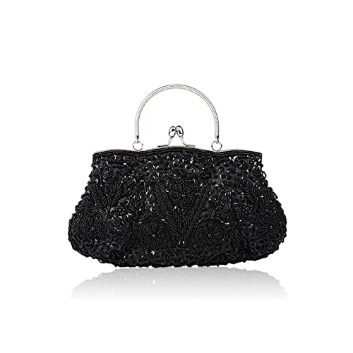 CORIOS Damen Handgemachte Perle Handtasche Floral Abendtasche Vintage Clutch Tasche Elegante Schultertasche Klein Tasche Kette Umhängetasche Hochzeit Bankett-Party Abschlussball Tasche Schwarz von CORIOS