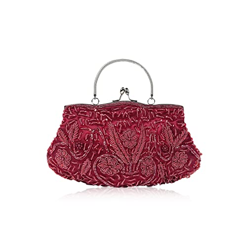 CORIOS Damen Handgemachte Perle Handtasche Floral Abendtasche Vintage Clutch Tasche Elegante Schultertasche Klein Tasche Kette Umhängetasche Hochzeit Bankett-Party Abschlussball Tasche Weinrot von CORIOS