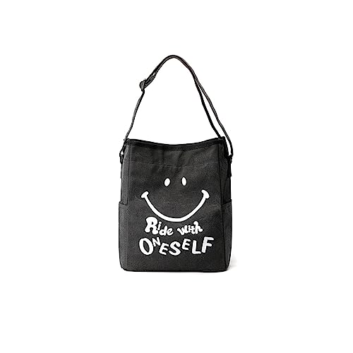 CORIOS Damen Handtasche Canvas Schultertasche Smiley Face Henkeltaschen Kordelzug Tragetasche Casual Tote Beutel Mode Eimer Taschen Lässig Henkeltasche für Shopper Arbeit Reise Schwarz von CORIOS