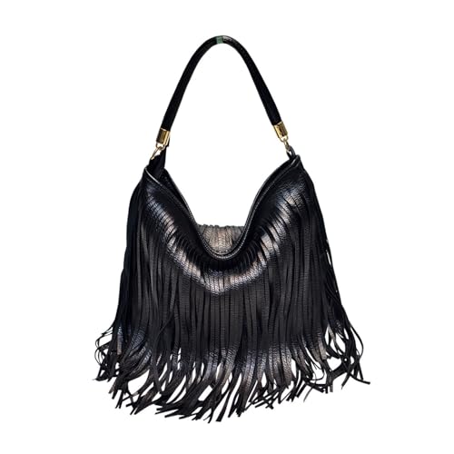 CORIOS Damen Handtasche mit Fransen Boho-Stil PU Leder Schultertasche für Frauen Zweiseitige Fransen Elegante Armtasche für Täglichen Use Geschenk-Idee Schwarz von CORIOS