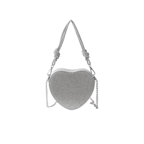 CORIOS Damen Herzform Abendtasche Strass Clutch Tasche Abnehmbarer Kette Handtasche Glitzer Schultertasche Elegant Umhängetasche Klein Tasche für Abendparty Hochzeit Silber von CORIOS