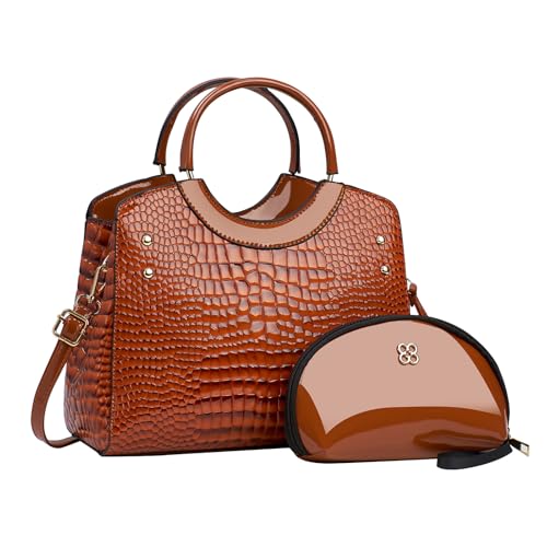 CORIOS Damen PU Leder Handtasche Krokodil-Muster Schultertaschen Wasserdicht Umhängetaschen Große Kapazität Tragetasche Henkeltaschen Retro Tote Beutel Elegant Messenger-Tasche 2pcs Erde Gelb von CORIOS