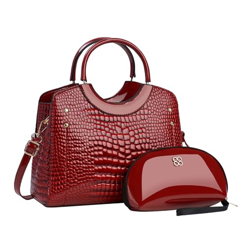 CORIOS Damen PU Leder Handtasche Krokodil-Muster Schultertaschen Wasserdicht Umhängetaschen Große Kapazität Tragetasche Henkeltaschen Retro Tote Beutel Elegant Messenger-Tasche 2pcs Rot von CORIOS