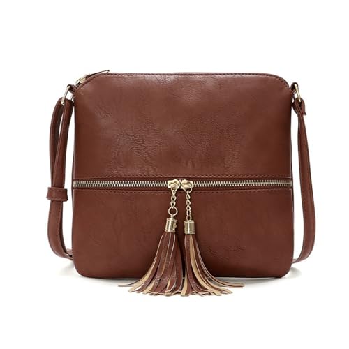 CORIOS Damen PU Leder Schultertasche Vintage Fransen Umhängetasche Klein Handtasche Elegant Retro Tote Beutel Wasserdicht Tragetasche Mittel Henkeltasche für Reisen Büro Einkaufen Arbeit Rotbraun von CORIOS