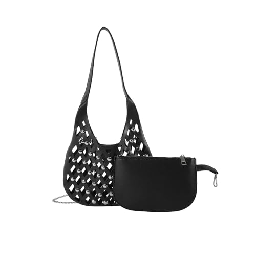 CORIOS Damen PU Leder Schultertaschen Punk Nieten Handtasche Openwork Umhängetaschen Große Messenger-Tasche Einzigartig Tote Beutel Mode Henkeltaschen Tragetasche Schwarz von CORIOS