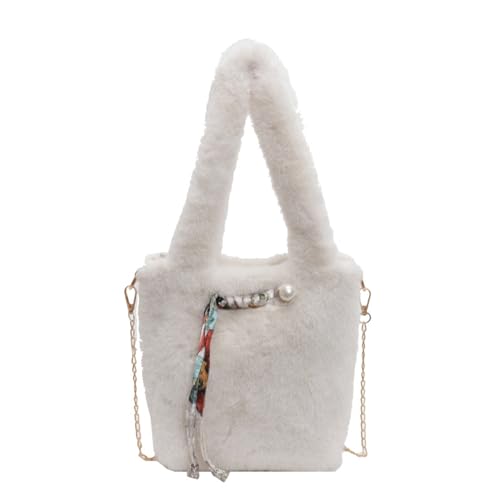CORIOS Damen Plüsch Handtasche Niedlich Flauschige Schultertasche Flauschige Tasche Klein Henkeltaschen Einkaufstaschen Elegant Umhängetasche Tragetasche Mode Tote Beutel Eimer Taschen Beige von CORIOS