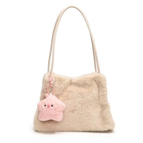 CORIOS Damen Plüsch Schultertasche Flauschige Tasche Niedlich Flauschige Handtasche Kleine Einkaufstaschen Retro Henkeltaschen Elegant Tragetasche Herbst und Winter Tote Beutel Eimer Taschen Khaki von CORIOS
