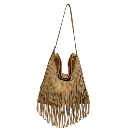 CORIOS Damen Umhängetasche mit Fransen Boho Style aus Weichem Wildlederoptik Kunstleder Leichte Schultertasche Handtasche für Frauen Braun von CORIOS