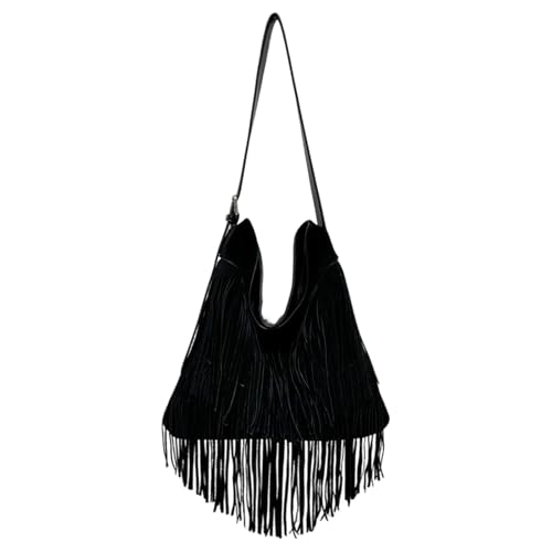 CORIOS Damen Umhängetasche mit Fransen Boho Style aus Weichem Wildlederoptik Kunstleder Leichte Schultertasche Handtasche für Frauen Schwarz von CORIOS