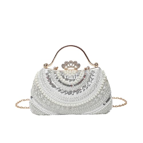 CORIOS Perlen Abendtasche Damen Luxus Pailletten Clutch Tasche Diamant Portemonnaie Tasche Hochzeit Brautbörse Kette Schultertasche Elegante Handtasche Abendparty Geldbörse Umhängetasche Silber von CORIOS