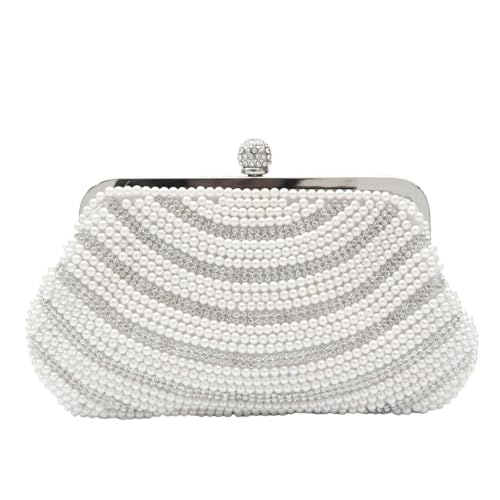 CORIOS Perlen Abendtasche Damen Luxus Strass Clutch Tasche Diamant Portemonnaie Tasche Hochzeit Brautbörse Kette Schultertasche Elegante Handtasche Abendparty Geldbörse Umhängetasche Weiß von CORIOS