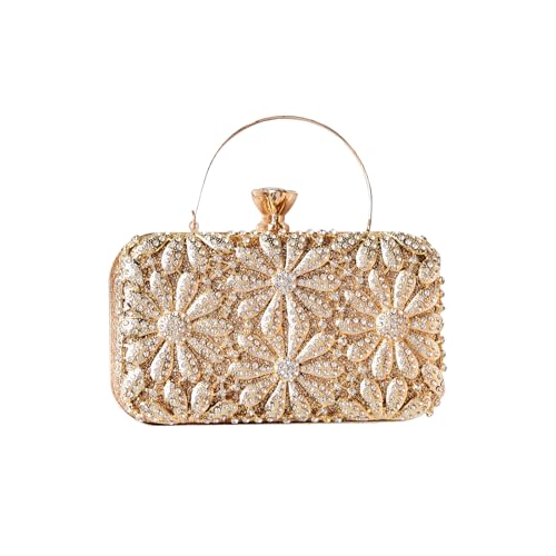 CORIOS Strass Blume Clutch Damen Diamant Abendtasche Glitter Kristall Handtasche Elegant Schultertasche Klein Tasche Glänzend Umhängetasche für Geburtstag Cocktailparty Tanzparty Abendparty Gold von CORIOS