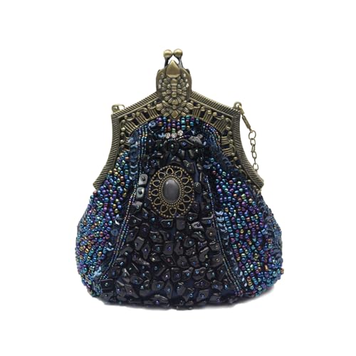 CORIOS Vintage 1920s Abendtasche Damen Floral Clutch Tasche Handgemachte Perle Handtasche Elegante Schultertasche Kette Umhängetasche Klein Tasche für Hochzeit Abschlussball Bankett-Party Blau von CORIOS