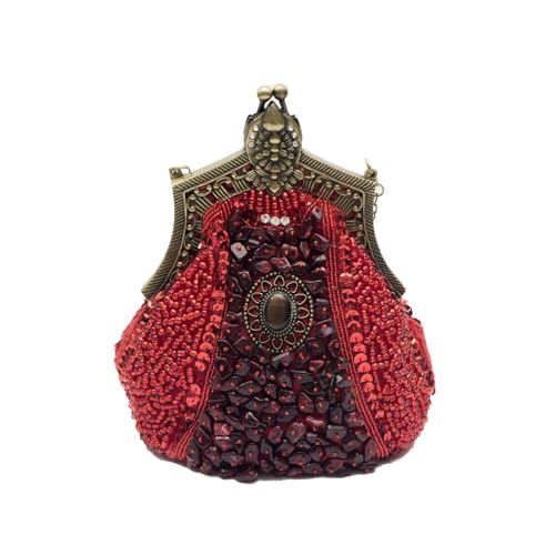 CORIOS Vintage 1920s Abendtasche Damen Floral Clutch Tasche Handgemachte Perle Handtasche Elegante Schultertasche Kette Umhängetasche Klein Tasche für Hochzeit Abschlussball Bankett-Party Rot von CORIOS