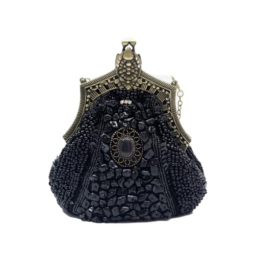 CORIOS Vintage 1920s Abendtasche Damen Floral Clutch Tasche Handgemachte Perle Handtasche Elegante Schultertasche Kette Umhängetasche Klein Tasche für Hochzeit Abschlussball Bankett-Party Schwarz von CORIOS
