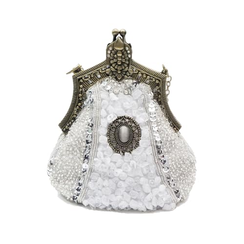 CORIOS Vintage 1920s Abendtasche Damen Floral Clutch Tasche Handgemachte Perle Handtasche Elegante Schultertasche Kette Umhängetasche Klein Tasche für Hochzeit Abschlussball Bankett-Party Silber von CORIOS