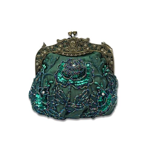 CORIOS Vintage 1920s Abendtasche Damen Floral Clutch Tasche Handgemachte Perle Handtasche Klein Tasche Elegante Schultertasche Kette Umhängetasche für Hochzeit Bankett-Party Abschlussball Grün von CORIOS