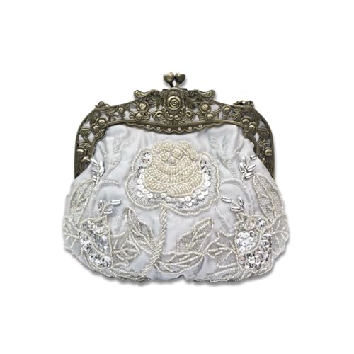 CORIOS Vintage 1920s Abendtasche Damen Floral Clutch Tasche Handgemachte Perle Handtasche Klein Tasche Elegante Schultertasche Kette Umhängetasche für Hochzeit Bankett-Party Abschlussball Silber von CORIOS