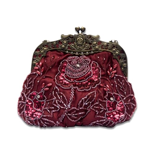 CORIOS Vintage 1920s Abendtasche Damen Floral Clutch Tasche Handgemachte Perle Handtasche Klein Tasche Elegante Schultertasche Kette Umhängetasche für Hochzeit Bankett-Party Abschlussball Weinrot von CORIOS