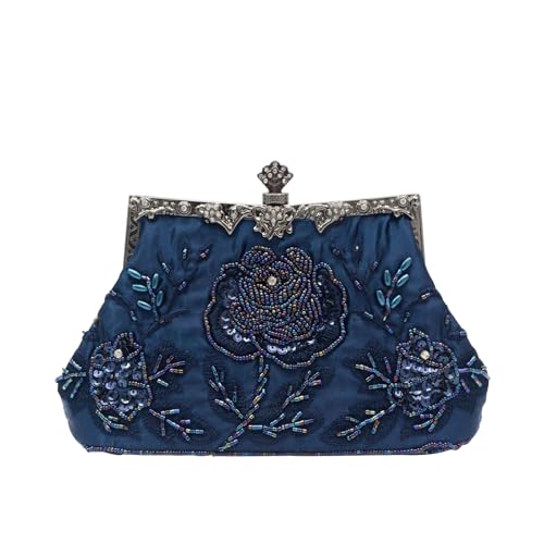 CORIOS Vintage 1920s Abendtasche Floral Clutch Tasche Damen Handgemachte Perle Handtasche Elegante Schultertasche Kette Umhängetasche Klein Tasche Hochzeit Bankett-Party Abschlussball Tasche Blau von CORIOS