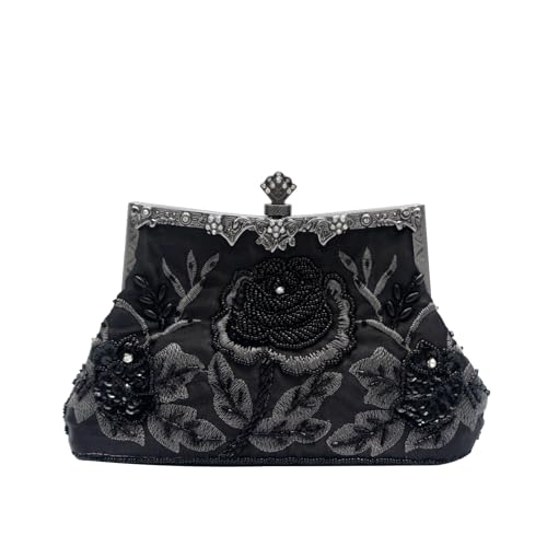 CORIOS Vintage 1920s Abendtasche Floral Clutch Tasche Damen Handgemachte Perle Handtasche Elegante Schultertasche Kette Umhängetasche Klein Tasche Hochzeit Bankett-Party Abschlussball Tasche Schwarz von CORIOS