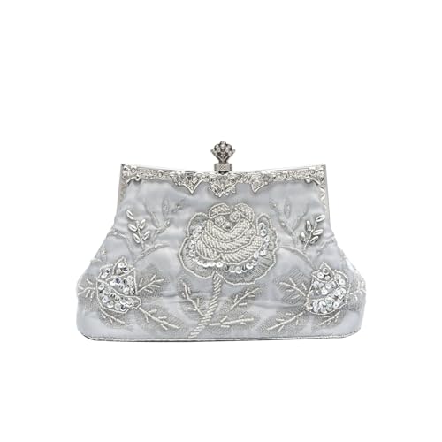 CORIOS Vintage 1920s Abendtasche Floral Clutch Tasche Damen Handgemachte Perle Handtasche Elegante Schultertasche Kette Umhängetasche Klein Tasche Hochzeit Bankett-Party Abschlussball Tasche Silber von CORIOS