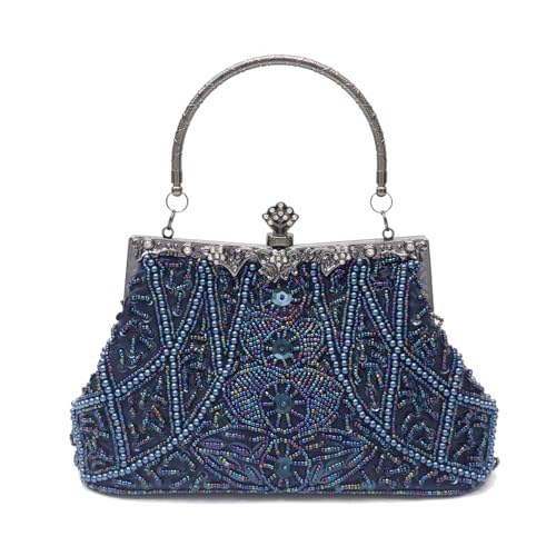 CORIOS Vintage 1920s Clutch Tasche Damen Handgemachte Perle Handtasche Abendtasche Elegante Schultertasche Kette Umhängetasche Klein Tasche Hochzeit Bankett-Party Abschlussball Tasche Blau von CORIOS