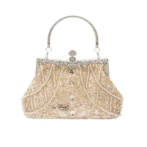 CORIOS Vintage 1920s Clutch Tasche Damen Handgemachte Perle Handtasche Abendtasche Elegante Schultertasche Kette Umhängetasche Klein Tasche Hochzeit Bankett-Party Abschlussball Tasche Champagner von CORIOS