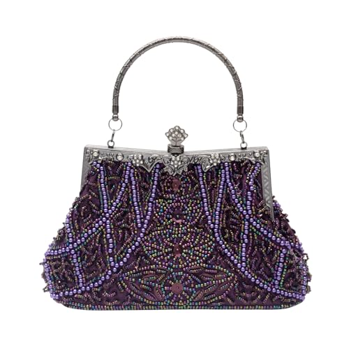 CORIOS Vintage 1920s Clutch Tasche Damen Handgemachte Perle Handtasche Abendtasche Elegante Schultertasche Kette Umhängetasche Klein Tasche Hochzeit Bankett-Party Abschlussball Tasche Lila von CORIOS