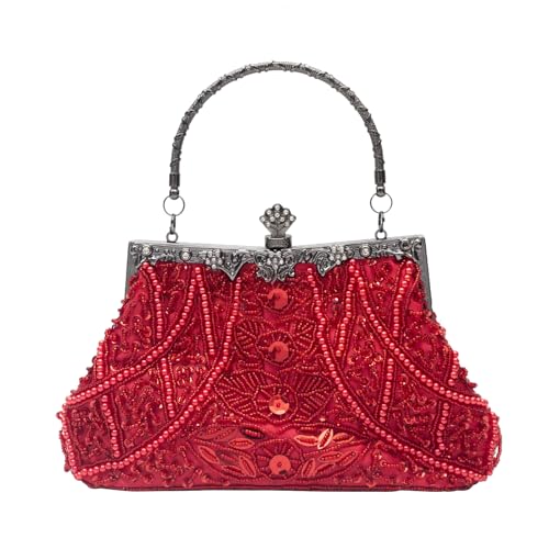 CORIOS Vintage 1920s Clutch Tasche Damen Handgemachte Perle Handtasche Abendtasche Elegante Schultertasche Kette Umhängetasche Klein Tasche Hochzeit Bankett-Party Abschlussball Tasche Rot von CORIOS