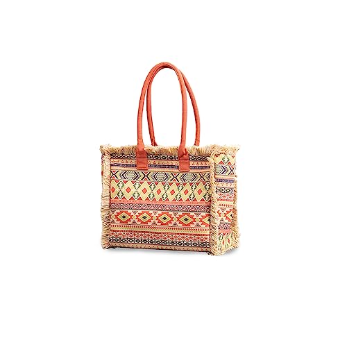 CORIOS Frauen Canvas Handtasche Ethno Stil Tote Retro Schultertasche mit Fransen Sommer Strandtasche Grosse Kapazitat Hobo Boho Top Handle Tasche fur Urlaub Strand Reisen Alltag Mehrfarbig von CORIOS