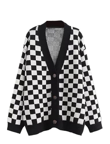 CORIRESHA Damen Herbst Kariert Langarm Cardigan Sweet Cute Cozy Knit Sweater Mantel, 1_schwarz, Einheitsgröße von CORIRESHA