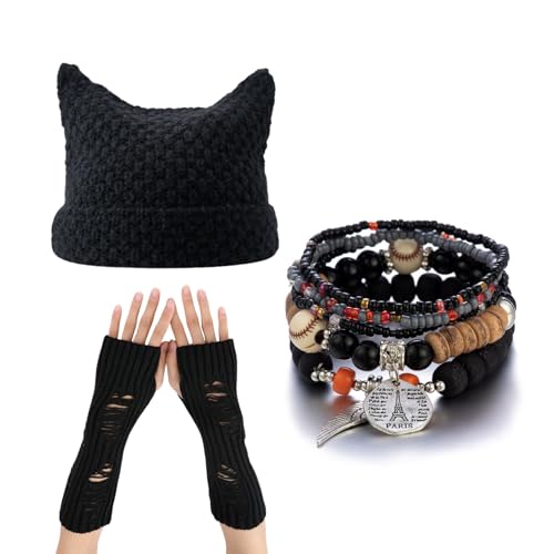CORIRESHA Therian Emo Clothing Katzenohren Y2k Beanie Grunge fingerlose Handschuhe Bohemian Stacked Armbänder Set, Schwarzes Set, Einheitsgröße von CORIRESHA