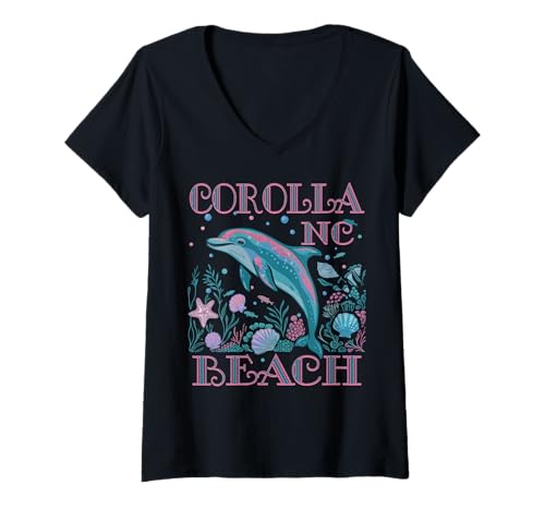 Damen BUNTES STRAND-SOUVENIR FÜR DELFINLIEBHABER AUS COROLLA BEACH NC T-Shirt mit V-Ausschnitt von COROLLA BEACH NC DOLPHIN LOVER BEACH VACATION