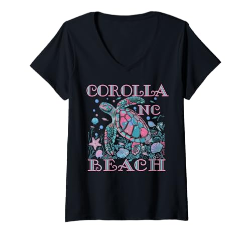 Damen BUNTES STRAND-SOUVENIR FÜR SCHILDKRÖTENLIEBHABER VON COROLLA BEACH NC T-Shirt mit V-Ausschnitt von COROLLA BEACH NC TURTLE LOVER BEACH VACATION