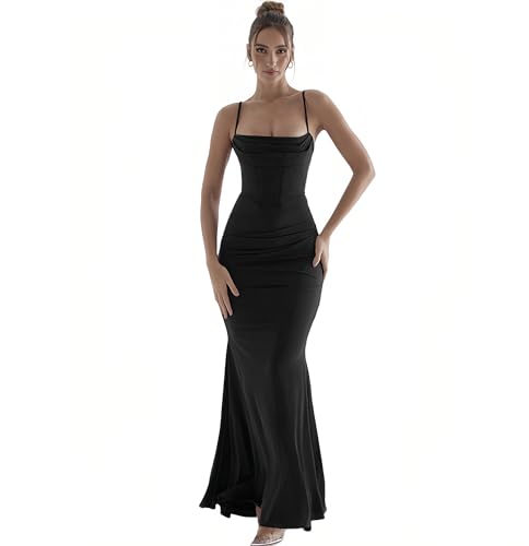 COSAUG Damen Ärmelloses Bodycon Fischschwanz Maxikleid Spaghettiträger Gerüscht Elegant Party Lange Kleider,Schwarz,Größe M von COSAUG