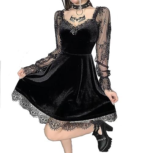 Damen Spitze Langarm Kleid Schwarz Drapiert Bodycon Gothic Vintage Kleider Rave Outfit,Größe M von COSAUG