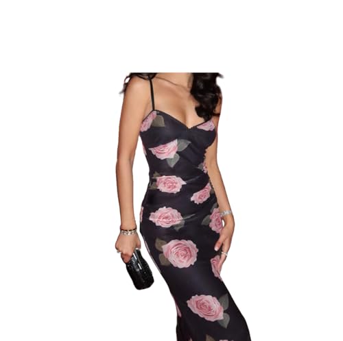 Damen Floral Midi-Kleid | Spaghetti-Träger Bodycon Hochzeit Gast Partykleider,Größe M von COSAUG