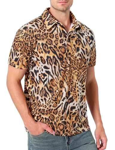 COSAVOROCK 3D Leopard-Print Polohemd für Herren Casual Kurzarmhemden, Braun, L von COSAVOROCK