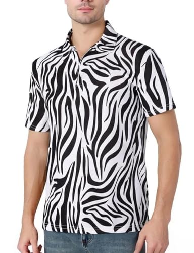 COSAVOROCK 3D Zebra-Print Polohemd für Herren Casual Kurzarmhemden, Schwarz, M von COSAVOROCK