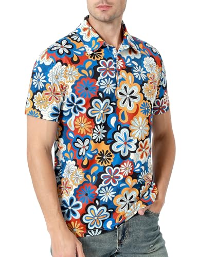 COSAVOROCK 70er Jahre Hemd Herren 60er Hippie Kostüm Flora Retro Poloshirt, Blau, M von COSAVOROCK