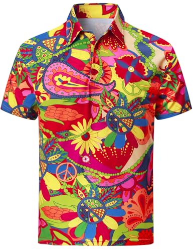 COSAVOROCK 70er Jahre Hemd Herren 60er Hippie Kostüm Flora Retro Poloshirt, Blau, M von COSAVOROCK